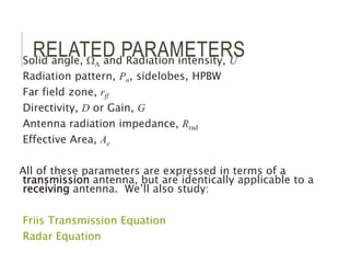 RELATED PARAMETERS
Solid angle, WA and Radiation intensity, U
Radiation pattern, Pn, sidelobes, HPBW
Far field zone, rff
Directivity, D or Gain, G
Antenna radiation impedance, Rrad
Effective Area, Ae
All of these parameters are expressed in terms of a
transmission antenna, but are identically applicable to a
receiving antenna. We’ll also study:
Friis Transmission Equation
Radar Equation
 
