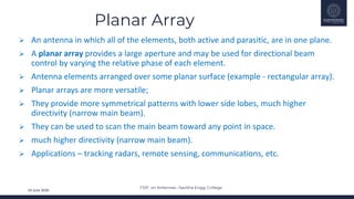 FDP on Antennas –Savitha Engg. College
24 June 2020
Planar Array
 An antenna in which all of the elements, both active and parasitic, are in one plane.
 A planar array provides a large aperture and may be used for directional beam
control by varying the relative phase of each element.
 Antenna elements arranged over some planar surface (example - rectangular array).
 Planar arrays are more versatile;
 They provide more symmetrical patterns with lower side lobes, much higher
directivity (narrow main beam).
 They can be used to scan the main beam toward any point in space.
 much higher directivity (narrow main beam).
 Applications – tracking radars, remote sensing, communications, etc.
 