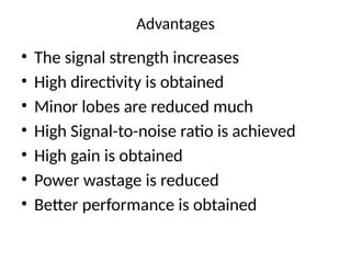 Advantages
• The signal strength increases
• High directivity is obtained
• Minor lobes are reduced much
• High Signal-to-noise ratio is achieved
• High gain is obtained
• Power wastage is reduced
• Better performance is obtained
 