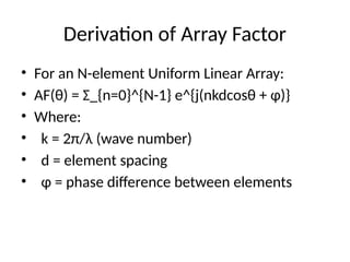Derivation of Array Factor
• For an N-element Uniform Linear Array:
• AF(θ) = Σ_{n=0}^{N-1} e^{j(nkdcosθ + φ)}
• Where:
• k = 2π/λ (wave number)
• d = element spacing
• φ = phase difference between elements
 