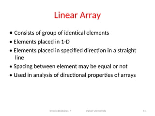Linear Array
• Consists of group of identical elements
• Elements placed in 1-D
• Elements placed in specified direction in a straight
line
• Spacing between element may be equal or not
• Used in analysis of directional properties of arrays
11
Krishna Chaitanya. P Vignan’s University
 