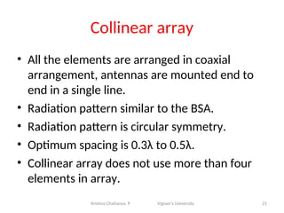 Collinear array
• All the elements are arranged in coaxial
arrangement, antennas are mounted end to
end in a single line.
• Radiation pattern similar to the BSA.
• Radiation pattern is circular symmetry.
• Optimum spacing is 0.3λ to 0.5λ.
• Collinear array does not use more than four
elements in array.
21
Krishna Chaitanya. P Vignan’s University
 
