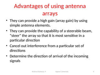 Advantages of using antenna
arrays
• They can provide a high gain (array gain) by using
simple antenna elements.
• They can provide the capability of a steerable beam,
“steer” the array so that it is most sensitive in a
particular direction
• Cancel out interference from a particular set of
directions
• Determine the direction of arrival of the incoming
signals
4
Krishna Chaitanya. P Vignan’s University
 