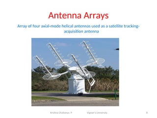 Antenna Arrays
Array of four axial-mode helical antennas used as a satellite tracking-
acquisition antenna
8
Krishna Chaitanya. P Vignan’s University
 