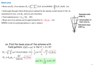 10
Beam area
2
0 0
4
Beam area of an antenna: ( , )sin ( , ) [sr]
Solid angle through which all the power radiated by the antenna would stream if ( , )
maintained its max. over
A A n nP d d P d
S
φ π θ π
φ θ
π
θ φ θ θ φ θ φ
θ φ
= =
= =
Ω Ω ≡ = Ω∫ ∫ ∫∫i
i
2
max
and was zero elsewhere.
Total radiated power [W].
Beam area of an antenna can be approximated by [sr].
HPBWs in the two principal planes( and planes).
A HP HP
A
AS r
xz yz
θ φΩ
Ω
= Ω
≅
i
i
 