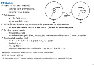 46
Introduction
In the far field of an antenna:
• Radiated fields are transverse.
• Poynting vector is radial.
Point source
• Only far-field fields.
• Ignore near-field types.
At a sufficient distance, any antenna can be represented by a point source.
• Fictitious volumeless emitter at the center O, where the waves originate.
Far-field measurements
• With antenna fixed
• With observation point fixed, rotating the antenna around the center O more convenient.
Displaced observation circle
• For
• Field patterns
• Phase patterns
• Minimum phase variation around the observation circle for d = 0.
, , , field pattern .R d R b R dλ≫ ≫ ≫ 才能忽略 對 的影響
Complete description of the far field of a source requires three patterns:
( , ), ( , ), ( , ).
It may suffice to specify only the variation with angle of the Poynting vector magnitude ( ,r
E E
S
θ φθ φ θ φ δ θ φ
θ
i
i ).φ
 
