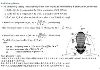 6
Radiation patterns
To completely specify the radiation pattern with respect to field intensity & polarization, one needs:
1. ( , ) : the -component of the E field as a function of & [V/m].
2. ( , ) : the -component of the E field as a function of & [V/m].
3. ( , ) & ( , ): phase of these fields as a function
E
E
θ
φ
θ φ
θ φ θ θ φ
θ φ φ θ φ
δ θ φ δ θ φ of & [rad or deg].θ φ
max
max
( , )
Normalized field pattern ( , ) [dimsionless]
( , )
Half-power level occurs at those angles & for which ( , ) 1/ 2 0.707.
( , )
Normalized power pattern ( , )
( , )
n
n
n n
E
E
E
E
S
P
S
θ
θ
θ
θ
θ φ
θ φ
θ φ
θ φ θ φ
θ φ
θ φ
θ φ
= =
= =
= =
i
i
10
[dimsionless]
The dB level is given by dB 10log ( , ).nP θ φ=
P.S. E-plane and H-plane
天線的方向圖一般是一個空間的立體圖, 在分析中為了方便起見, 一般只研究兩個主面內的方向圖, 這兩個主
面是相互垂直的E面和H面.
E面: 是指通過最大輻射方向並平行於電場向量的平面, 通常指yz平面,
H面: 是指通過最大輻射方向並垂直於電場向量的平面, 通常指xy平面,
/ 2.
/ 2.
φ π
θ π
=
=
x y
z
 