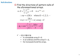 79
Null directions
一樣分3種討論
• In a broadside array δ = 0.
• In an ordinary end-fire array δ = -dr .
• For increased-D end-fire arrays.
 