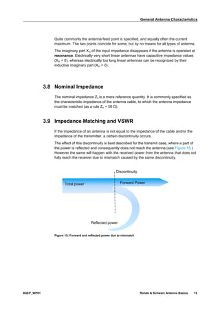 General Antenna Characteristics
8GEP_WP01 Rohde & Schwarz Antenna Basics 15
Quite commonly the antenna feed point is specified, and equally often the current
maximum. The two points coincide for some, but by no means for all types of antenna.
The imaginary part Xin of the input impedance disappears if the antenna is operated at
resonance. Electrically very short linear antennas have capacitive impedance values
(Xin < 0), whereas electrically too long linear antennas can be recognized by their
inductive imaginary part (Xin > 0).
3.8 Nominal Impedance
The nominal impedance Zn is a mere reference quantity. It is commonly specified as
the characteristic impedance of the antenna cable, to which the antenna impedance
must be matched (as a rule Zn = 50 Ω).
3.9 Impedance Matching and VSWR
If the impedance of an antenna is not equal to the impedance of the cable and/or the
impedance of the transmitter, a certain discontinuity occurs.
The effect of this discontinuity is best described for the transmit case, where a part of
the power is reflected and consequently does not reach the antenna (see Figure 15.)
However the same will happen with the received power from the antenna that does not
fully reach the receiver due to mismatch caused by the same discontinuity.
Figure 15: Forward and reflected power due to mismatch
Discontinuity
Forward Power
Reflected power
Total power
 