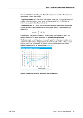 Basic Characteristics of Selected Antennas
8GEP_WP01 Rohde & Schwarz Antenna Basics 30
Care must be taken, when the gain of an active antenna is specified. There are two
definitions to know in this context:
The electronic gain GT is the ratio of the received power into the nominal resistance
and the maximum received power which can be extracted from the field with an
antenna of equal directional characteristics.
The practical gain Gpract is the ratio of received power into the nominal resistance Pr
and the received power of a loss-free omnidirectional reference antenna (isotropic
radiator) Pri.
𝐺 𝑝𝑟𝑎𝑐𝑡 =
𝑃 𝑟
𝑃 𝑟𝑖
= 𝐷 ∙ 𝐺 𝑇
Consequently, the gain alone does not allow drawing any conclusions about the
radiation pattern of the active antenna or its field strength sensitivity.
The field strength sensitivity values are usually specified in the documentation of the
antenna. In order to have comparable results the bandwidth and the achieved signal-
to-noise ratio (S/N) must always be given in conjunction with the minimum field
strength values that can be detected (see Figure 31).
Figure 31: Field strength sensitivity specification of an active antenna
 