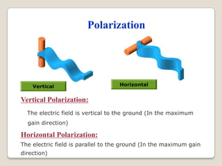 Polarization
Vertical Horizontal
Vertical Polarization:
The electric field is vertical to the ground (In the maximum
gain direction)
Horizontal Polarization:
The electric field is parallel to the ground (In the maximum gain
direction)
 