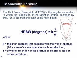 Beamwidth Formula
The Half Power Beamwidth (HPBW) is the angular separation
in which the magnitude of the radiation pattern decrease by
50% (or -3 dB) from the peak of the main beam.
HPBW (degrees) = k
λ
𝒅𝒅
where:
k = factor (in degrees) that depends from the type of aperture
(70 in case of circular aperture, such as reflectors);
d = physical dimension of the aperture (diameter in case of
circular aperture).
31
 