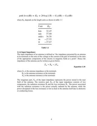 where KU depends on the length units as shown in table 1.1




                                  Table 1.1

1.1.6 Input Impedance
The input impedance of an antenna is defined as “the impedance presented by an antenna
at its terminals or the ratio of the voltage to the current at the pair of terminals or the ratio
of the appropriate components of the electric to magnetic fields at a point”. Hence the
impedance of the antenna can be written as given below.


                                                                                Equation 1.10

where Zin is the antenna impedance at the terminals
     Rin is the antenna resistance at the terminals
     Xin is the antenna reactance at the terminals

The imaginary part, Xin of the input impedance represents the power stored in the near
field of the antenna. The resistive part, Rin of the input impedance consists of two
components, the radiation resistance Rr and the loss resistance RL. The power associated
with the radiation resistance is the power actually radiated by the antenna, while the
power dissipated in the loss resistance is lost as heat in the antenna itself due to dielectric
or conducting losses.




                                               4
 