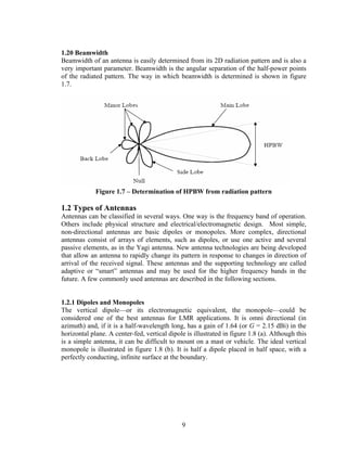 1.20 Beamwidth
Beamwidth of an antenna is easily determined from its 2D radiation pattern and is also a
very important parameter. Beamwidth is the angular separation of the half-power points
of the radiated pattern. The way in which beamwidth is determined is shown in figure
1.7.




             Figure 1.7 – Determination of HPBW from radiation pattern

1.2 Types of Antennas
Antennas can be classified in several ways. One way is the frequency band of operation.
Others include physical structure and electrical/electromagnetic design. Most simple,
non-directional antennas are basic dipoles or monopoles. More complex, directional
antennas consist of arrays of elements, such as dipoles, or use one active and several
passive elements, as in the Yagi antenna. New antenna technologies are being developed
that allow an antenna to rapidly change its pattern in response to changes in direction of
arrival of the received signal. These antennas and the supporting technology are called
adaptive or “smart” antennas and may be used for the higher frequency bands in the
future. A few commonly used antennas are described in the following sections.


1.2.1 Dipoles and Monopoles
The vertical dipole—or its electromagnetic equivalent, the monopole—could be
considered one of the best antennas for LMR applications. It is omni directional (in
azimuth) and, if it is a half-wavelength long, has a gain of 1.64 (or G = 2.15 dBi) in the
horizontal plane. A center-fed, vertical dipole is illustrated in figure 1.8 (a). Although this
is a simple antenna, it can be difficult to mount on a mast or vehicle. The ideal vertical
monopole is illustrated in figure 1.8 (b). It is half a dipole placed in half space, with a
perfectly conducting, infinite surface at the boundary.




                                              9
 