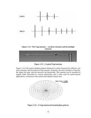 Figure 1.12 - The Yagi antenna — (a) three elements and (b) multiple
                                     elements




                          Figure 1.13 - A typical Yagi antenna

Figure 1.14 is the typical radiation pattern obtained for a three element (one reflector, one
active element, and one director) Yagi antenna. Generally, the more elements a Yagi has,
the higher the gain, and the narrower the beamwidth. This antenna can be mounted to
support either horizontal or vertical polarization and is often used for point-to-point
applications, as between a base station and repeater-station sites.




                Figure 1.14 - A Yagi antenna horizontal plane pattern


                                             12
 