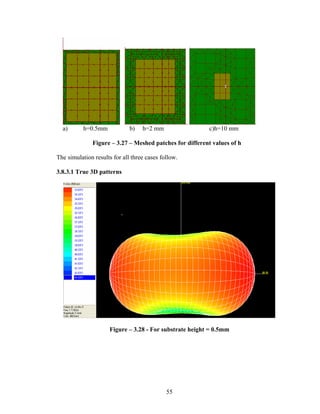 a)       h=0.5mm            b)   h=2 mm                c)h=10 mm

              Figure – 3.27 – Meshed patches for different values of h

The simulation results for all three cases follow.

3.8.3.1 True 3D patterns




                     Figure – 3.28 - For substrate height = 0.5mm




                                             55
 