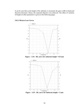 It can be seen that as the height of the substrate is increased, the gain in dBi in backward
direction decreases. Hence, the expected objective was achieved. The effect of variation
of height on other parameters is given in the following pages.


3.8.3.3 Return Loss Curves




               Figure – 3.34 – RL curve for substrate height = 0.5 mm




                Figure – 3.35 – RL curve for Substrate height = 2 mm




                                            59
 