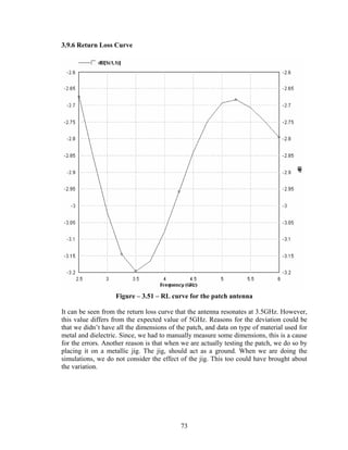 3.9.6 Return Loss Curve




                   Figure – 3.51 – RL curve for the patch antenna

It can be seen from the return loss curve that the antenna resonates at 3.5GHz. However,
this value differs from the expected value of 5GHz. Reasons for the deviation could be
that we didn’t have all the dimensions of the patch, and data on type of material used for
metal and dielectric. Since, we had to manually measure some dimensions, this is a cause
for the errors. Another reason is that when we are actually testing the patch, we do so by
placing it on a metallic jig. The jig, should act as a ground. When we are doing the
simulations, we do not consider the effect of the jig. This too could have brought about
the variation.




                                           73
 