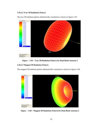 3.10.2.2 True 3D Radiation Pattern

The true 3D radiation pattern obtained after simulation is shown in figure 3.59.




      Figure – 3.59 – True 3D Radiation Pattern for Dual Band Antenna 2

3.10.2.3 Mapped 3D Radiation Pattern

The mapped 3D radiation pattern obtained after simulation is shown in figure 3.60.




    Figure – 3.60 – Mapped 3D Radiation Pattern for Dual Band Antenna 2



                                            81
 