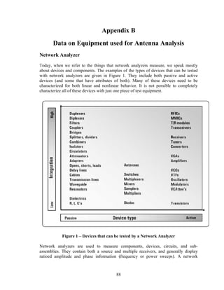 Appendix B
       Data on Equipment used for Antenna Analysis
Network Analyzer

Today, when we refer to the things that network analyzers measure, we speak mostly
about devices and components. The examples of the types of devices that can be tested
with network analyzers are given in Figure 1. They include both passive and active
devices (and some that have attributes of both). Many of these devices need to be
characterized for both linear and nonlinear behavior. It is not possible to completely
characterize all of these devices with just one piece of test equipment.




            Figure 1 – Devices that can be tested by a Network Analyzer

Network analyzers are used to measure components, devices, circuits, and sub-
assemblies. They contain both a source and multiple receivers, and generally display
ratioed amplitude and phase information (frequency or power sweeps). A network



                                         88
 