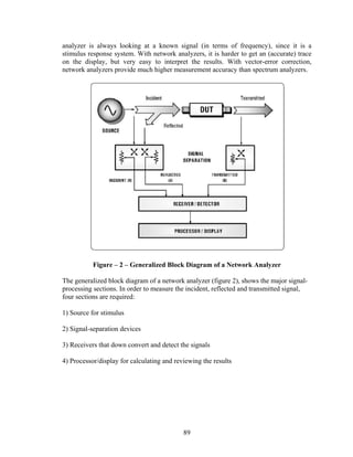 analyzer is always looking at a known signal (in terms of frequency), since it is a
stimulus response system. With network analyzers, it is harder to get an (accurate) trace
on the display, but very easy to interpret the results. With vector-error correction,
network analyzers provide much higher measurement accuracy than spectrum analyzers.




           Figure – 2 – Generalized Block Diagram of a Network Analyzer

The generalized block diagram of a network analyzer (figure 2), shows the major signal-
processing sections. In order to measure the incident, reflected and transmitted signal,
four sections are required:

1) Source for stimulus

2) Signal-separation devices

3) Receivers that down convert and detect the signals

4) Processor/display for calculating and reviewing the results




                                            89
 