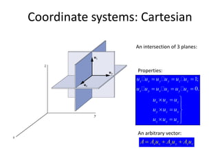 Coordinate systems: Cartesian
An intersection of 3 planes:
x = const; y = const; z = const
1;
0.
x x y y z z
x y x z y z
x y z
y z x
z x y
u u u u u u
u u u u u u
u u u
u u u
u u u
= = =
= = =
 =

 = 

 = 
Properties:
An arbitrary vector:
x x y y z zA A u A u A u= + +
 