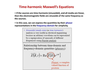 Time-harmonic Maxwell’s Equations
• If the sources are time-harmonic (sinusoidal), and all media are linear,
then the electromagnetic fields are sinusoids of the same frequency as
the sources.
• In this case, we can express the quantities by their phasor
representations in the frequency-domain for simplicity.
 