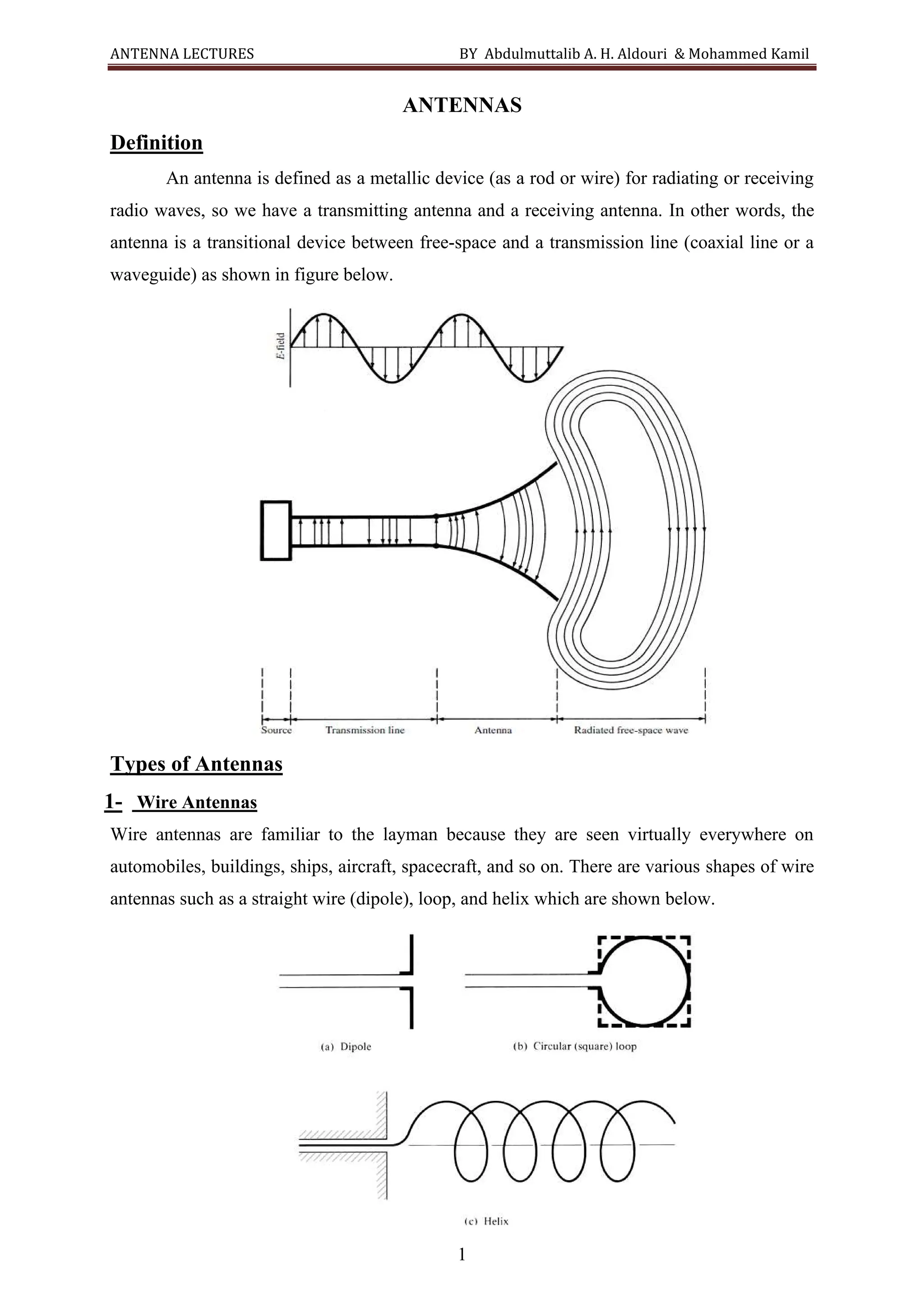 ANTENNA LECTURES BY Abdulmuttalib A. H. Aldouri & Mohammed Kamil
1
ANTENNAS
Definition
An antenna is defined as a metallic device (as a rod or wire) for radiating or receiving
radio waves, so we have a transmitting antenna and a receiving antenna. In other words, the
antenna is a transitional device between free-space and a transmission line (coaxial line or a
waveguide) as shown in figure below.
Types of Antennas
1- Wire Antennas
Wire antennas are familiar to the layman because they are seen virtually everywhere on
automobiles, buildings, ships, aircraft, spacecraft, and so on. There are various shapes of wire
antennas such as a straight wire (dipole), loop, and helix which are shown below.
 