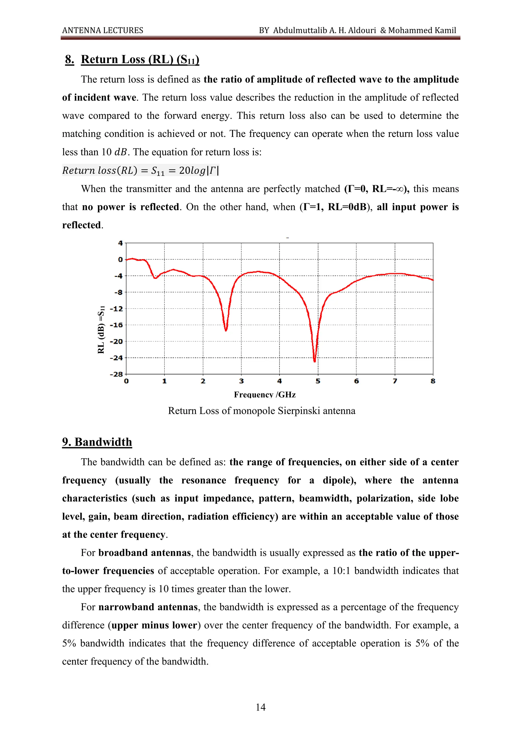 ANTENNA LECTURES BY Abdulmuttalib A. H. Aldouri & Mohammed Kamil
14
8. Return Loss (RL) (S11)
The return loss is defined as the ratio of amplitude of reflected wave to the amplitude
of incident wave. The return loss value describes the reduction in the amplitude of reflected
wave compared to the forward energy. This return loss also can be used to determine the
matching condition is achieved or not. The frequency can operate when the return loss value
less than 10 𝑑𝐵. The equation for return loss is:
𝑅𝑒𝑡𝑢𝑟𝑛 𝑙𝑜𝑠𝑠(𝑅𝐿) = 𝑆11 = 20𝑙𝑜𝑔|𝛤|
When the transmitter and the antenna are perfectly matched (Γ=0, RL=-∞), this means
that no power is reflected. On the other hand, when (Γ=1, RL=0dB), all input power is
reflected.
Return Loss of monopole Sierpinski antenna
9. Bandwidth
The bandwidth can be defined as: the range of frequencies, on either side of a center
frequency (usually the resonance frequency for a dipole), where the antenna
characteristics (such as input impedance, pattern, beamwidth, polarization, side lobe
level, gain, beam direction, radiation efficiency) are within an acceptable value of those
at the center frequency.
For broadband antennas, the bandwidth is usually expressed as the ratio of the upper-
to-lower frequencies of acceptable operation. For example, a 10:1 bandwidth indicates that
the upper frequency is 10 times greater than the lower.
For narrowband antennas, the bandwidth is expressed as a percentage of the frequency
difference (upper minus lower) over the center frequency of the bandwidth. For example, a
5% bandwidth indicates that the frequency difference of acceptable operation is 5% of the
center frequency of the bandwidth.
Frequency /GHz
RL
(dB)
=S
11
 