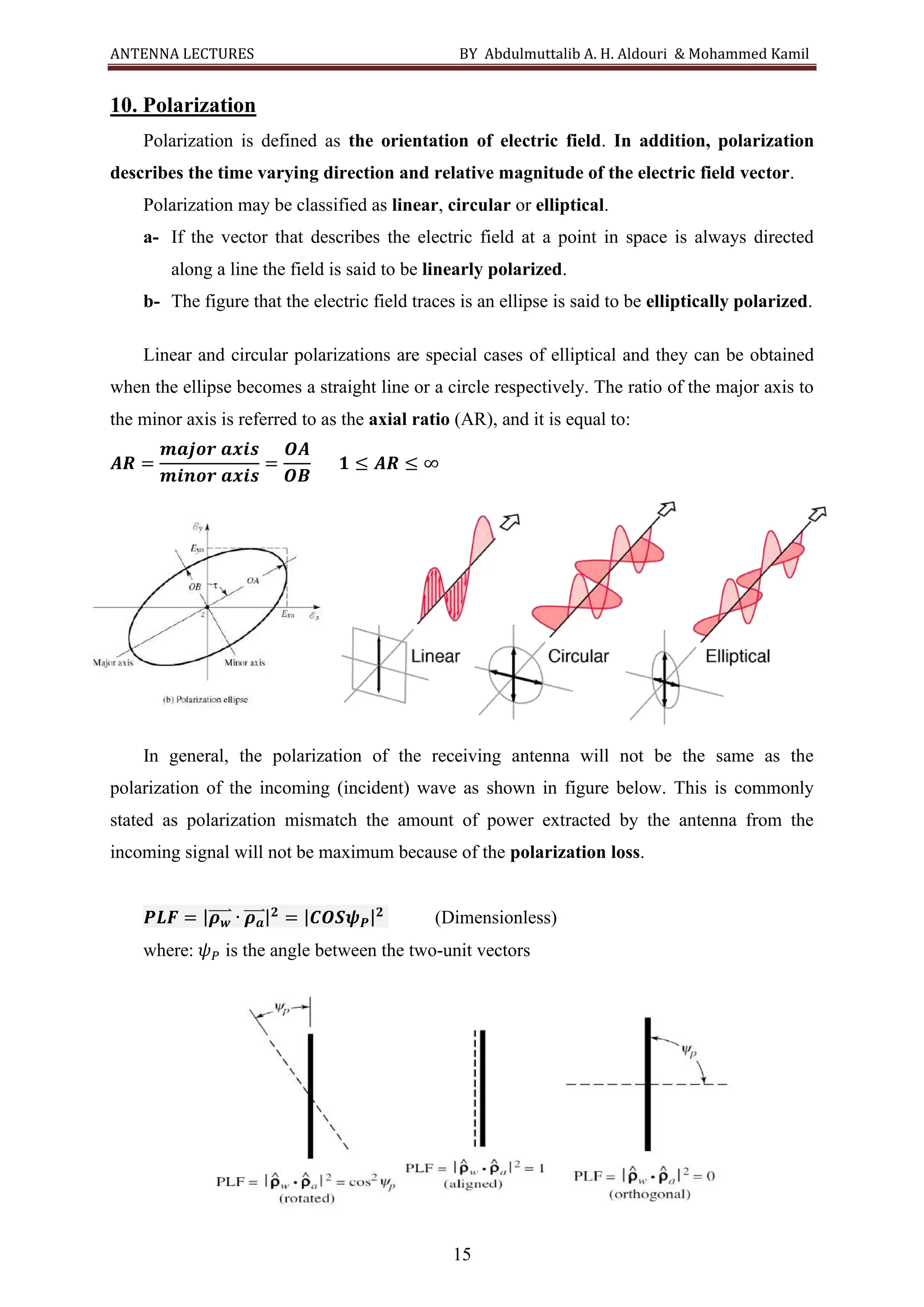 ANTENNA LECTURES BY Abdulmuttalib A. H. Aldouri & Mohammed Kamil
15
10. Polarization
Polarization is defined as the orientation of electric field. In addition, polarization
describes the time varying direction and relative magnitude of the electric field vector.
Polarization may be classified as linear, circular or elliptical.
a- If the vector that describes the electric field at a point in space is always directed
along a line the field is said to be linearly polarized.
b- The figure that the electric field traces is an ellipse is said to be elliptically polarized.
Linear and circular polarizations are special cases of elliptical and they can be obtained
when the ellipse becomes a straight line or a circle respectively. The ratio of the major axis to
the minor axis is referred to as the axial ratio (AR), and it is equal to:
𝑨𝑹 =
𝒎𝒂𝒋𝒐𝒓 𝒂𝒙𝒊𝒔
𝒎𝒊𝒏𝒐𝒓 𝒂𝒙𝒊𝒔
=
𝑶𝑨
𝑶𝑩
𝟏 ≤ 𝑨𝑹 ≤ ∞
In general, the polarization of the receiving antenna will not be the same as the
polarization of the incoming (incident) wave as shown in figure below. This is commonly
stated as polarization mismatch the amount of power extracted by the antenna from the
incoming signal will not be maximum because of the polarization loss.
𝑷𝑳𝑭 = |𝝆𝒘
⃑⃑⃑⃑⃑ ∙ 𝝆𝒂
⃑⃑⃑⃑ |𝟐
= |𝑪𝑶𝑺𝝍𝑷|𝟐
(Dimensionless)
where: 𝜓𝑃 is the angle between the two-unit vectors
 