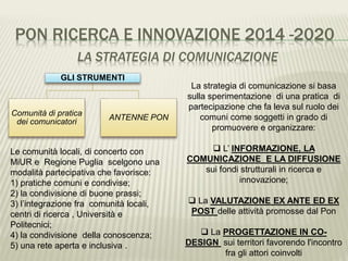 PON RICERCA E INNOVAZIONE 2014 -2020
LA STRATEGIA DI COMUNICAZIONE
GLI STRUMENTI
Comunità di pratica
dei comunicatori
ANTENNE PON
La strategia di comunicazione si basa
sulla sperimentazione di una pratica di
partecipazione che fa leva sul ruolo dei
comuni come soggetti in grado di
promuovere e organizzare:
 L’ INFORMAZIONE, LA
COMUNICAZIONE E LA DIFFUSIONE
sui fondi strutturali in ricerca e
innovazione;
 La VALUTAZIONE EX ANTE ED EX
POST delle attività promosse dal Pon
 La PROGETTAZIONE IN CO-
DESIGN sui territori favorendo l'incontro
fra gli attori coinvolti
Le comunità locali, di concerto con
MiUR e Regione Puglia scelgono una
modalità partecipativa che favorisce:
1) pratiche comuni e condivise;
2) la condivisione di buone prassi;
3) l’integrazione fra comunità locali,
centri di ricerca , Università e
Politecnici;
4) la condivisione della conoscenza;
5) una rete aperta e inclusiva .
 