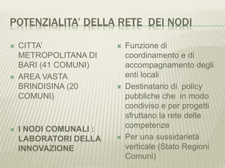 POTENZIALITA’ DELLA RETE DEI NODI
 CITTA’
METROPOLITANA DI
BARI (41 COMUNI)
 AREA VASTA
BRINDISINA (20
COMUNI)
 I NODI COMUNALI :
LABORATORI DELLA
INNOVAZIONE
 Funzione di
coordinamento e di
accompagnamento degli
enti locali
 Destinatario di policy
pubbliche che in modo
condiviso e per progetti
sfruttano la rete delle
competenze
 Per una sussidarietà
verticale (Stato Regioni
Comuni)
 