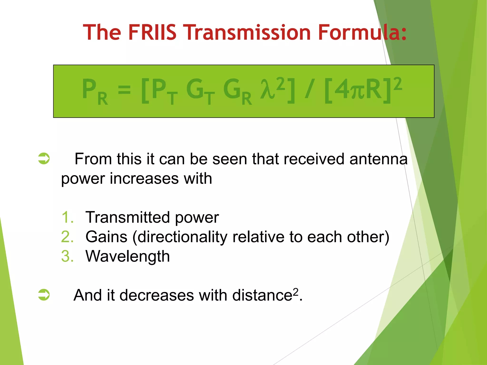 The FRIIS Transmission Formula:
PR = [PT GT GR 2] / [4R]2
 From this it can be seen that received antenna
power increases with
1. Transmitted power
2. Gains (directionality relative to each other)
3. Wavelength
 And it decreases with distance2.
 