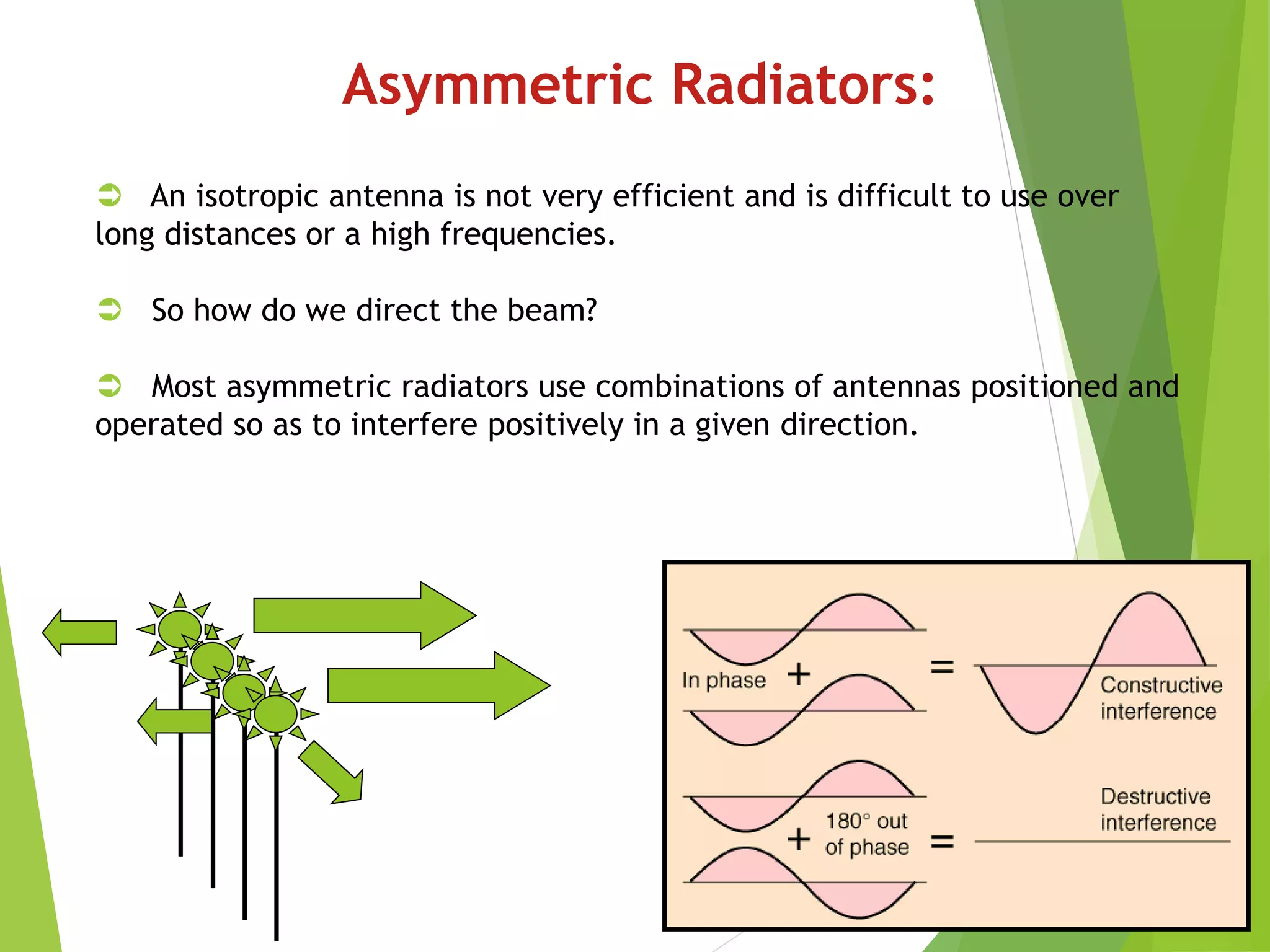 Asymmetric Radiators:
 An isotropic antenna is not very efficient and is difficult to use over
long distances or a high frequencies.
 So how do we direct the beam?
 Most asymmetric radiators use combinations of antennas positioned and
operated so as to interfere positively in a given direction.
 