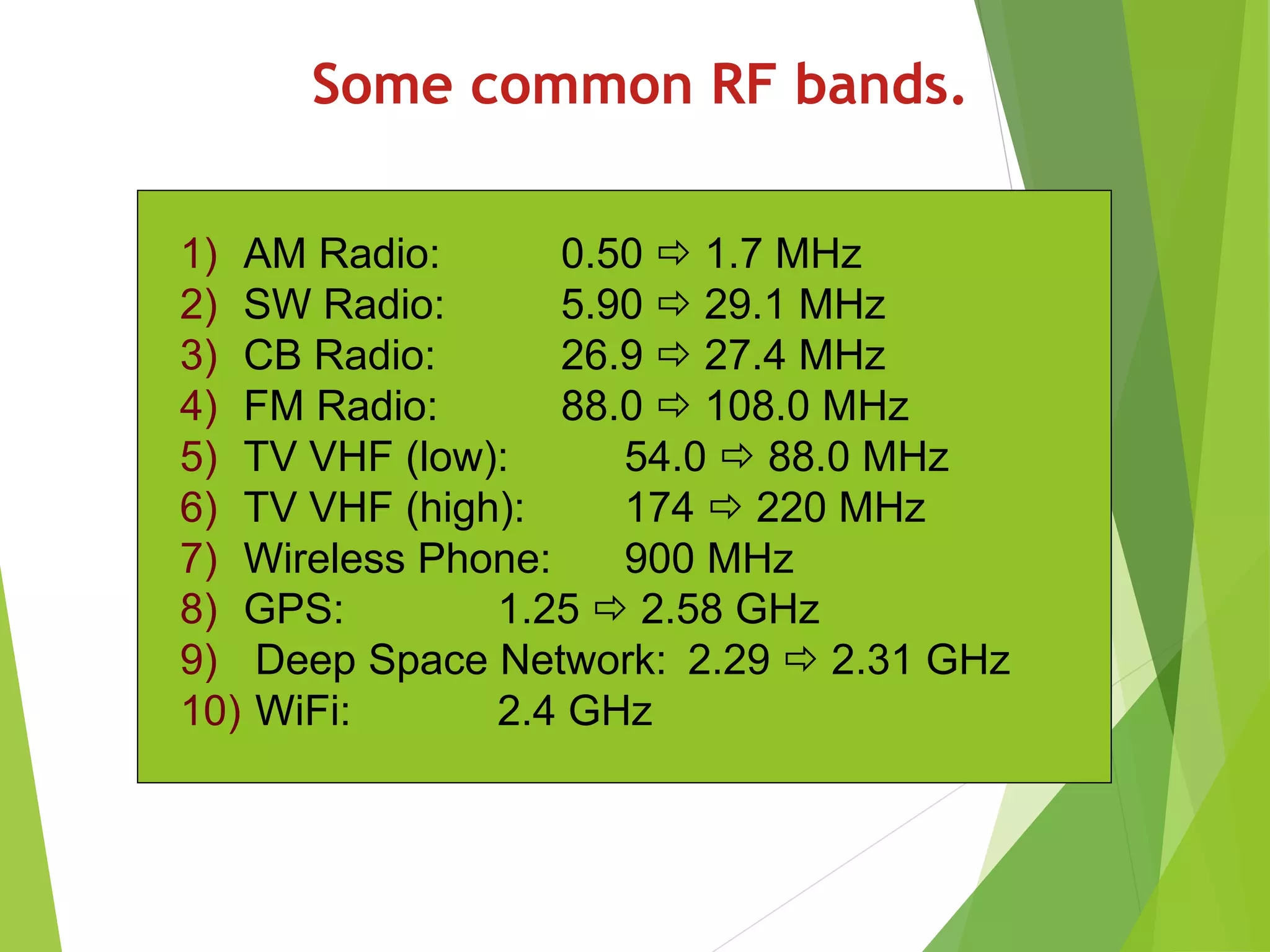 Some common RF bands.
1) AM Radio: 0.50  1.7 MHz
2) SW Radio: 5.90  29.1 MHz
3) CB Radio: 26.9  27.4 MHz
4) FM Radio: 88.0  108.0 MHz
5) TV VHF (low): 54.0  88.0 MHz
6) TV VHF (high): 174  220 MHz
7) Wireless Phone: 900 MHz
8) GPS: 1.25  2.58 GHz
9) Deep Space Network: 2.29  2.31 GHz
10) WiFi: 2.4 GHz
 