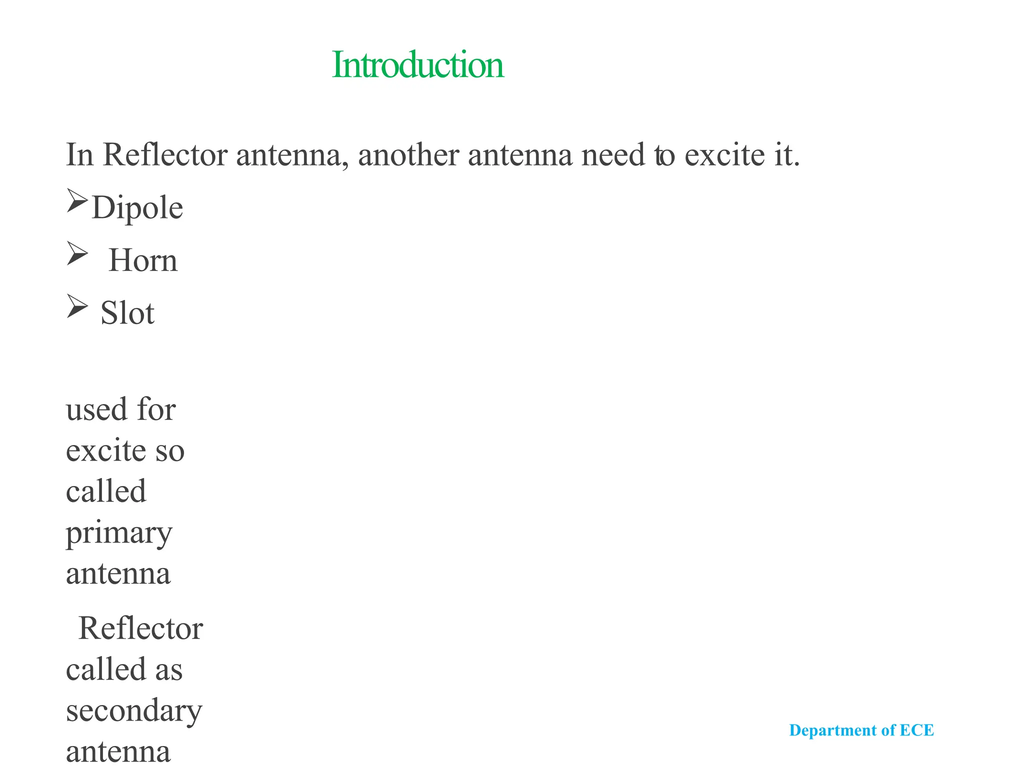 Introduction
In Reflector antenna, another antenna need to excite it.
Dipole
 Horn
 Slot
used for
excite so
called
primary
antenna
Reflector
called as
secondary
antenna DR. RAFAEL ABRANTES PENCHEL − IWT 2015
Department of ECE
 