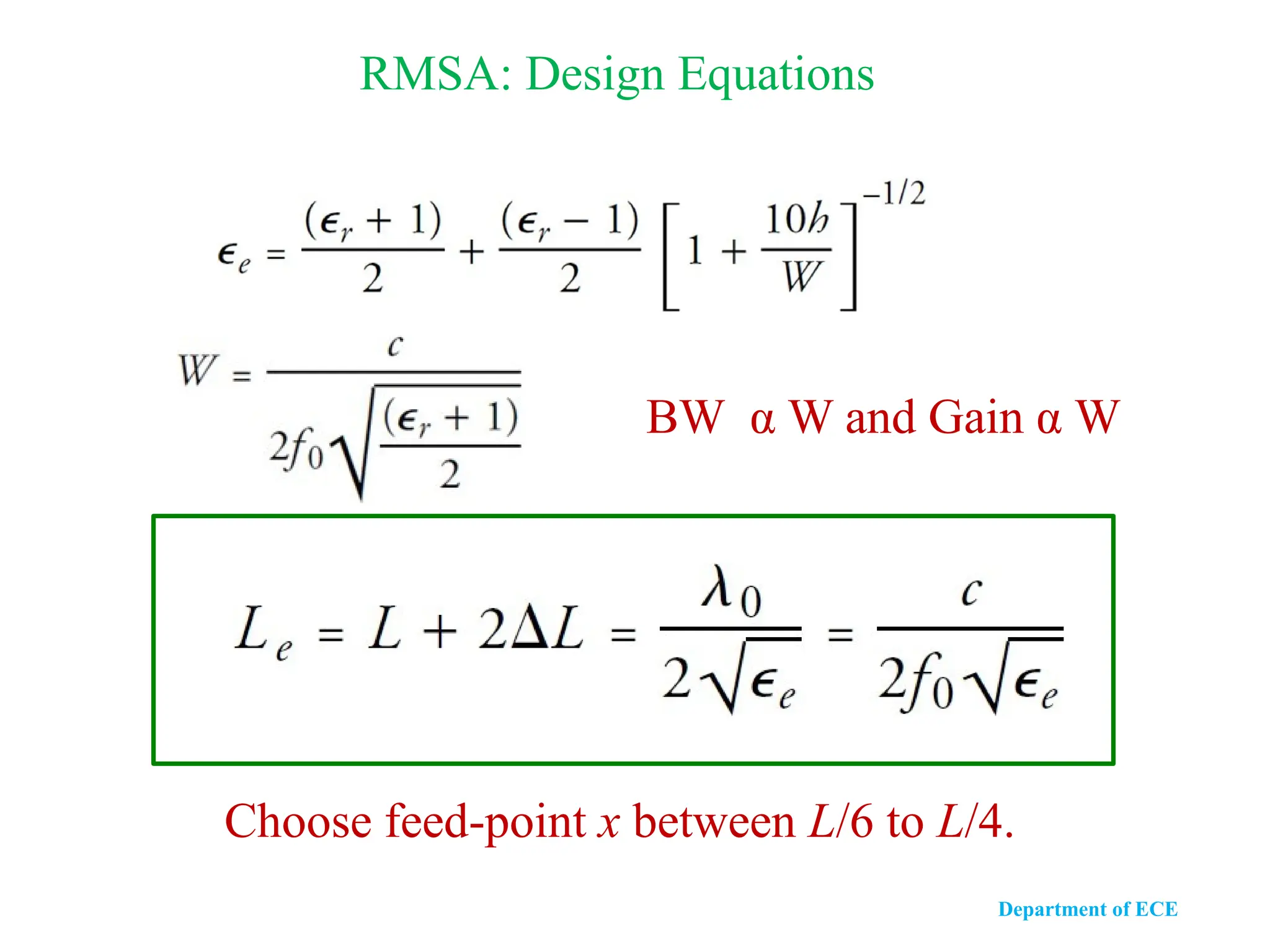 RMSA: Design Equations
BW α W and Gain α W
Choose feed-point x between L/6 to L/4.
Department of ECE
 