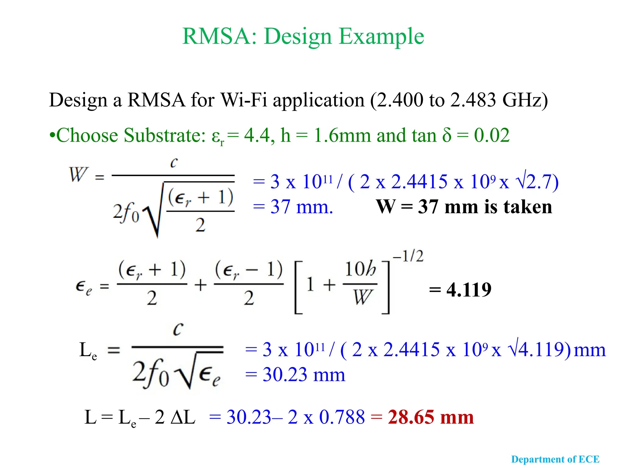 RMSA: Design Example
Design a RMSA for Wi-Fi application (2.400 to 2.483 GHz)
•Choose Substrate: εr = 4.4, h = 1.6mm and tan δ = 0.02
= 3 x 1011 / ( 2 x 2.4415 x 109 x √2.7)
= 37 mm. W = 37 mm is taken
= 4.119
Le = 3 x 1011 / ( 2 x 2.4415 x 109 x √4.119)mm
= 30.23 mm
L = Le – 2 ∆L = 30.23– 2 x 0.788 = 28.65 mm
Department of ECE
 