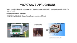 MICROWAVE APPLICATIONS
• LAW ENFORCEMENT & HIGHWAY SAFETY (Radar speed meters are used by Police for enforcing
speed limit).
• MINE ( Inspection purpose).
• MICROWAVE OVEN (In households for preparation of food).
 