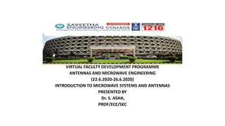 VIRTUAL FACULTY DEVELOPMENT PROGRAMME
ANTENNAS AND MICROWAVE ENGINEERING
(22.6.2020-26.6.2020)
INTRODUCTION TO MICROWAVE SYSTEMS AND ANTENNAS
PRESENTED BY
Dr. S. ASHA,
PROF/ECE/SEC
 