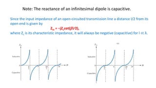 Note: The reactance of an infinitesimal dipole is capacitive.
Since the input impedance of an open-circuited transmission line a distance l/2 from its
open end is given by
Zin = −jZccot(𝛽l∕2),
where Zc is its characteristic impedance, it will always be negative (capacitive) for l ≪ λ.
 