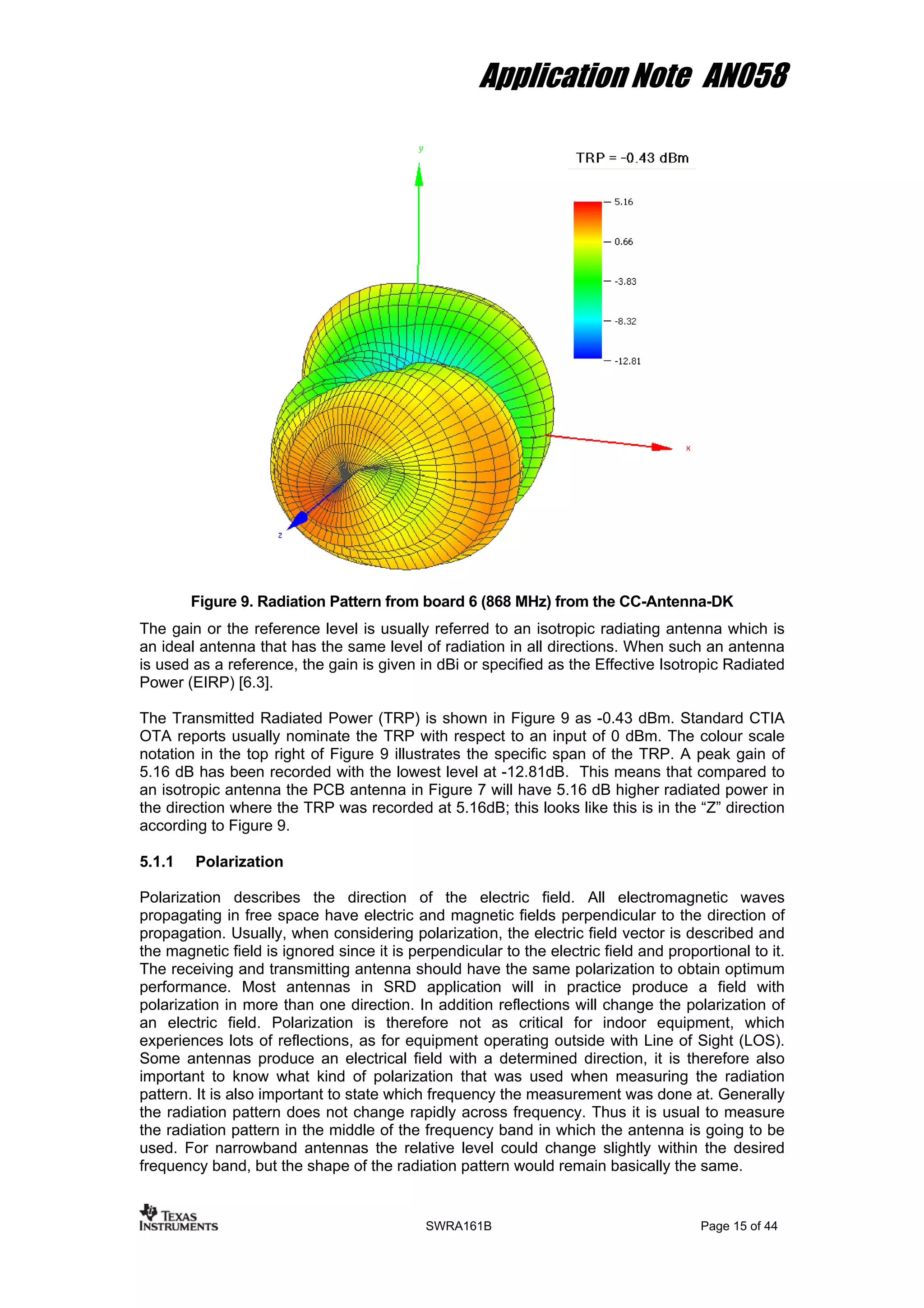 Application Note AN058
Figure 9. Radiation Pattern from board 6 (868 MHz) from the CC-Antenna-DK
The gain or the reference level is usually referred to an isotropic radiating antenna which is
an ideal antenna that has the same level of radiation in all directions. When such an antenna
is used as a reference, the gain is given in dBi or specified as the Effective Isotropic Radiated
Power (EIRP) [6.3].
The Transmitted Radiated Power (TRP) is shown in Figure 9 as -0.43 dBm. Standard CTIA
OTA reports usually nominate the TRP with respect to an input of 0 dBm. The colour scale
notation in the top right of Figure 9 illustrates the specific span of the TRP. A peak gain of
5.16 dB has been recorded with the lowest level at -12.81dB. This means that compared to
an isotropic antenna the PCB antenna in Figure 7 will have 5.16 dB higher radiated power in
the direction where the TRP was recorded at 5.16dB; this looks like this is in the “Z” direction
according to Figure 9.
5.1.1 Polarization
Polarization describes the direction of the electric field. All electromagnetic waves
propagating in free space have electric and magnetic fields perpendicular to the direction of
propagation. Usually, when considering polarization, the electric field vector is described and
the magnetic field is ignored since it is perpendicular to the electric field and proportional to it.
The receiving and transmitting antenna should have the same polarization to obtain optimum
performance. Most antennas in SRD application will in practice produce a field with
polarization in more than one direction. In addition reflections will change the polarization of
an electric field. Polarization is therefore not as critical for indoor equipment, which
experiences lots of reflections, as for equipment operating outside with Line of Sight (LOS).
Some antennas produce an electrical field with a determined direction, it is therefore also
important to know what kind of polarization that was used when measuring the radiation
pattern. It is also important to state which frequency the measurement was done at. Generally
the radiation pattern does not change rapidly across frequency. Thus it is usual to measure
the radiation pattern in the middle of the frequency band in which the antenna is going to be
used. For narrowband antennas the relative level could change slightly within the desired
frequency band, but the shape of the radiation pattern would remain basically the same.
SWRA161B Page 15 of 44
 