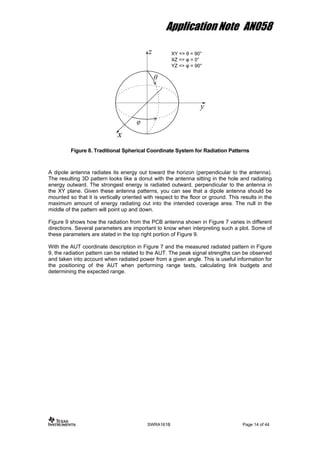 Application Note AN058
Figure 8. Traditional Spherical Coordinate System for Radiation Patterns
A dipole antenna radiates its energy out toward the horizon (perpendicular to the antenna).
The resulting 3D pattern looks like a donut with the antenna sitting in the hole and radiating
energy outward. The strongest energy is radiated outward, perpendicular to the antenna in
the XY plane. Given these antenna patterns, you can see that a dipole antenna should be
mounted so that it is vertically oriented with respect to the floor or ground. This results in the
maximum amount of energy radiating out into the intended coverage area. The null in the
middle of the pattern will point up and down.
Figure 9 shows how the radiation from the PCB antenna shown in Figure 7 varies in different
directions. Several parameters are important to know when interpreting such a plot. Some of
these parameters are stated in the top right portion of Figure 9.
With the AUT coordinate description in Figure 7 and the measured radiated pattern in Figure
9, the radiation pattern can be related to the AUT. The peak signal strengths can be observed
and taken into account when radiated power from a given angle. This is useful information for
the positioning of the AUT when performing range tests, calculating link budgets and
determining the expected range.
SWRA161B Page 14 of 44
 