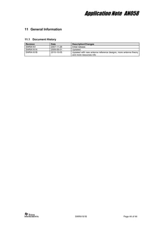 Application Note AN058
11 General Information
11.1 Document History
Revision Date Description/Changes
SWRA161 2007-11-26 Initial release.
SWRA161A 2009-06-01 Updated
SWRA161B 2010-10-05 Updated with new antenna reference designs, more antenna theory
and more resources info
SWRA161B Page 44 of 44
 
