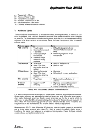Application Note AN058
λ = Wavelength in Meters
Pr = Received Power in dBm
Pt = Transmit Power in dBm
Gt = Transmit Antenna Gain in dBi
Gr = Receive Antenna Gain in dBi
R = Distance between Antennas in Meters
4 Antenna Types
There are several antenna types to choose from when deciding what kind of antenna to use
in an RF product. Size, cost and performance are the most important factors when choosing
an antenna. The three most commonly used antenna types for short range devices are PCB
antennas, chip antennas and wire antennas. Table 3 shows the pros and cons for several
antenna types.
Antenna types Pros Cons
PCB antenna • Very low cost
• Good performance at
> 868 MHz
• Small size at high
frequencies
• Standard design
antennas widely
available
• Difficult to design small and
efficient PCB antennas at < 433
MHz
• Potentially large size at low
frequencies
Chip antenna • Small size
• Short TTM since
purchasing antenna
solution
• Medium performance
• Medium cost
Whip antenna • Good performance
• Short TTM since
purchasing antenna
solution
• High cost
• Difficult to fit in many applications
Wire antenna • Very cheap • Mechanical manufacturing of
antenna
IP based
antenna
• Support from IP
company
• High cost compared to standard
free PCB antenna designs.
• Similar cost to Chip antenna
Table 3. Pros and Cons for Different Antenna Solutions
It is also common to divide antennas into single ended antennas and differential antennas.
Single ended antennas are also called unbalanced antennas, while differential antennas are
often called balanced antennas. Single ended antennas are fed by a signal which is
referenced to ground and the characteristic input impedance for these antennas is usually 50
ohms. Most RF measurement equipments are also referenced to 50 ohms. Therefore, it is
easy to measure the characteristic of a 50 ohm antenna with such equipment.
However many RF IC’s have differential RF ports and a transformation network is required to
use a single ended antenna with these IC’s. Such a network is called a balun since it
transforms the signal from balanced to unbalanced configuration. Figure 5 shows a single
ended antenna and a differential antenna.
SWRA161B Page 8 of 44
 