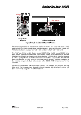 Application Note AN058
Single Ended
Antenna Differential Antenna
Figure 5. Single Ended and Differential Antenna
The antennas presented in this document are for the license free world wide band 2.4000
GHz - 2.4835 GHz band and the all the standard frequency bands at sub 1 GHz. For the sub
1 GHz bands; there is usually a “low“ sub 1 GHz band and a “high” sub 1 GHz band.
The “high” sub 1 GHz band in Europe covers 863-870 MHz, the US covers 902-928 MHz
band and the Japanese band 955 MHz. The European band is usually referred to as the “868
MHz band” and the US band is commonly designated the “915 MHz band”. It is often possible
to achieve good performance with the same antenna for both the European 868 MHz, US 915
MHz and Japanese 955 MHz bands by tuning the antenna length or changing the values of
the matching components. Such antennas are called “868/915/955” MHz antennas” in this
document.
The “low” sub 1 GHz band in Europe covers 433.050 - 434.790 MHz, the US covers 300-348
MHz band. The European band is usually referred to as the “433 MHz band” and the US
band is commonly designated the “315 MHz band”.
SWRA161B Page 9 of 44
 