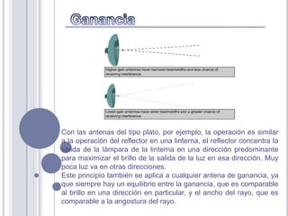Con las antenas del tipo plato, por ejemplo, la operación es similar
a la operación del reflector en una linterna, el reflector concentra la
salida de la lámpara de la linterna en una dirección predominante
para maximizar el brillo de la salida de la luz en esa dirección. Muy
poca luz va en otras direcciones.
Este principio también se aplica a cualquier antena de ganancia, ya
que siempre hay un equilibrio entre la ganancia, que es comparable
al brillo en una dirección en particular, y el ancho del rayo, que es
comparable a la angostura del rayo.
 