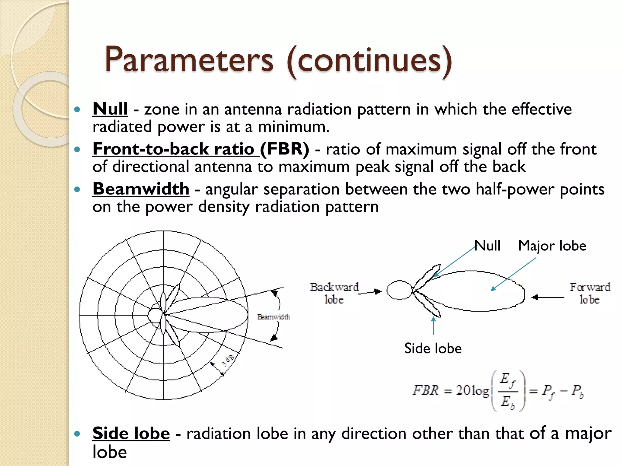 Parameters (continues)
 Null - zone in an antenna radiation pattern in which the effective
radiated power is at a minimum.
 Front-to-back ratio (FBR) - ratio of maximum signal off the front
of directional antenna to maximum peak signal off the back
 Beamwidth - angular separation between the two half-power points
on the power density radiation pattern
 Side lobe - radiation lobe in any direction other than that of a major
lobe
Null
Side lobe
Major lobe
 