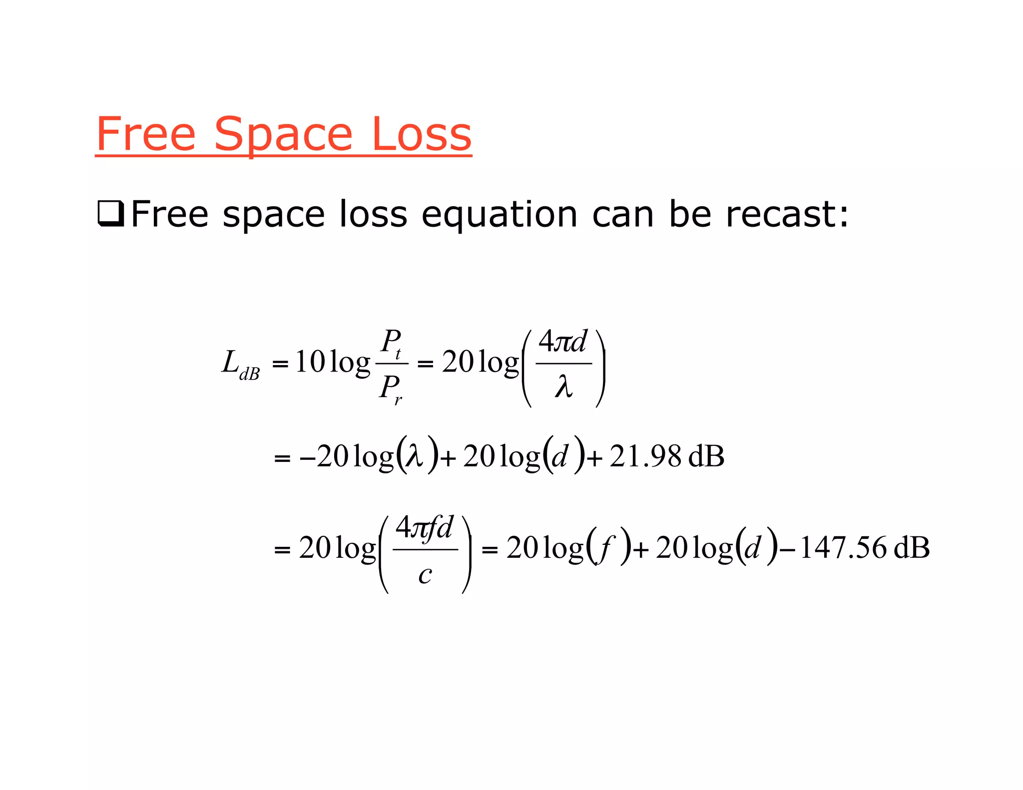 Free Space Loss
Free space loss equation can be recast:
!
"
#
$
%
&
==
'
(d
P
P
L
r
t
dB
4
log20log10
( ) ( ) dB98.21log20log20 ++!= d"
( ) ( ) dB56.147log20log20
4
log20 !+="
#
$
%
&
'
= df
c
fd(
 
