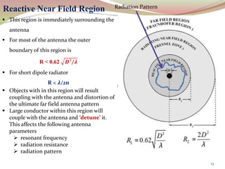 13
Reactive Near Field Region Radiation Pattern
 This region is immediately surrounding the
antenna
 For most of the antenna the outer
boundary of this region is
R < 0.62 𝑫³/𝝀
 For short dipole radiator
R < 𝝀/2п
 Objects with in this region will result
coupling with the antenna and distortion of
the ultimate far field antenna pattern
 Large conductor within this region will
couple with the antenna and ‘detune’ it.
This affects the following antenna
parameters
 resonant frequency
 radiation resistance
 radiation pattern
 